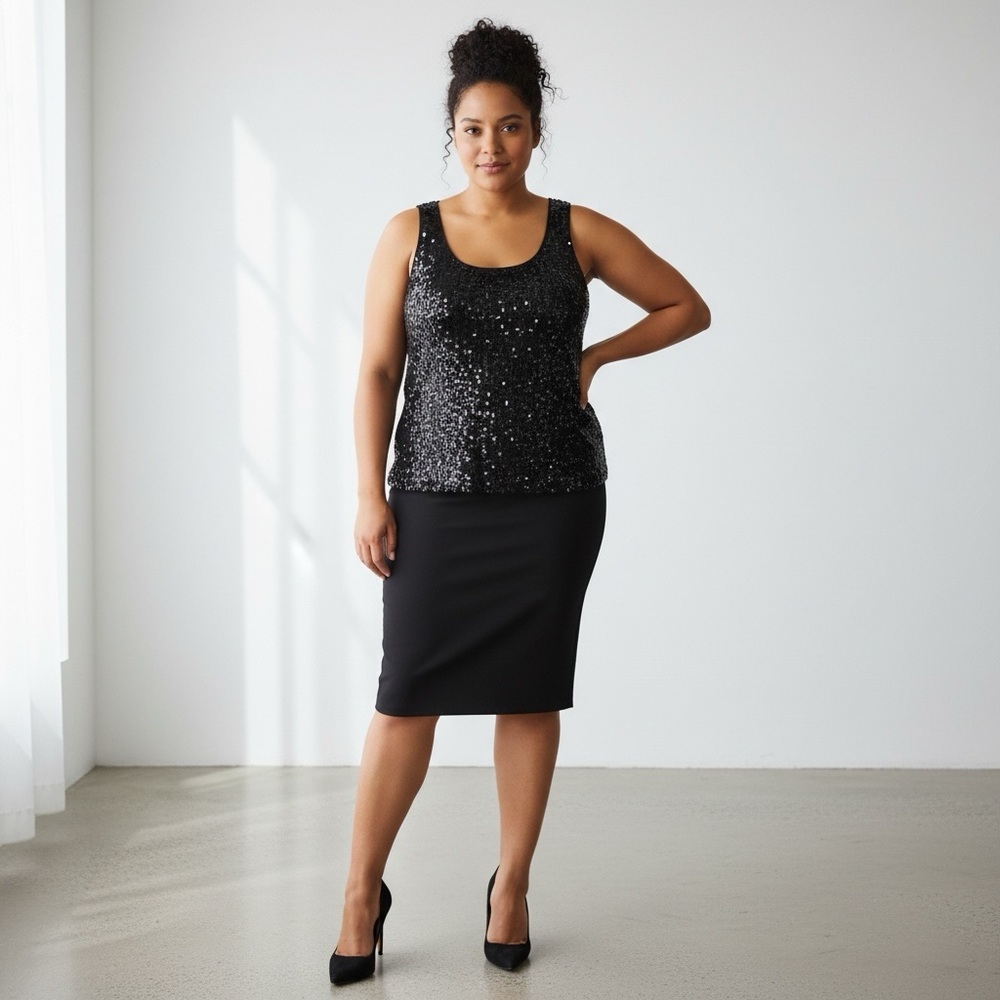Tahari Arthur S. Levine Luxe Black Sequin Sleeveless Tank Top Size 18 Elegant Pa